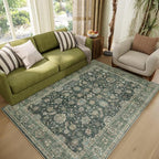 Washable 4x6 Rugs for Living Room, Boho Non-Slip Vintage Distress Small Rugs for Bedroom Nursery Office, 0.3" Neutral Oriental Throw Thin Carpet with Cushioning Pad, Sage Green/Blue/Multi