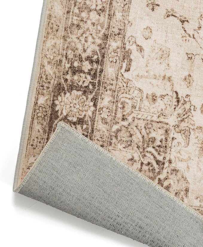 Brown 8x10 Area Rug Washable Vintage Living Room Carpet Non Slip Retro Distressed Low Pile Soft Oriental Medallion Thin Large Throw Rug for Office Bedroom Dining Room Playroom