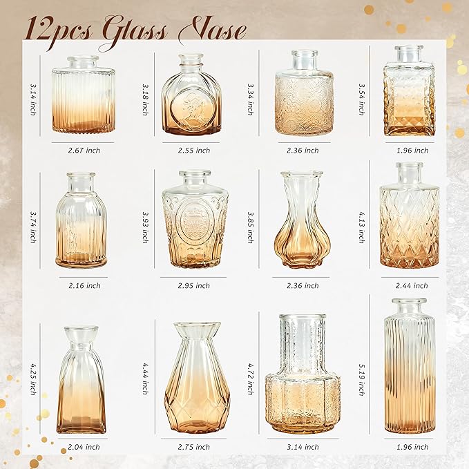 Der Rose Amber Glass Vases Set of 12, Small Bud Vases for Flowers, Rustic Wedding Centerpieces and Home Decor