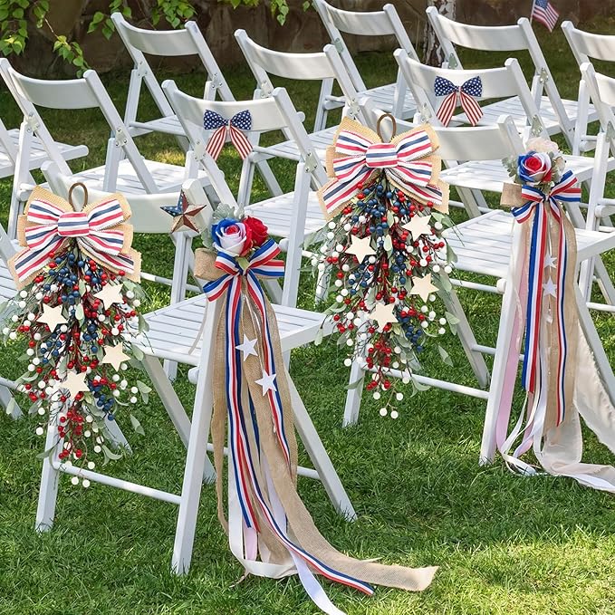 nuvagiki Patriotic Teardrop Swag Set of 2, Red White Blue Berry Front Door Decor, 4th of July Memorial Day Door Hanging Wreath, Rustic Farmhouse Independence Day Porch Decorations
