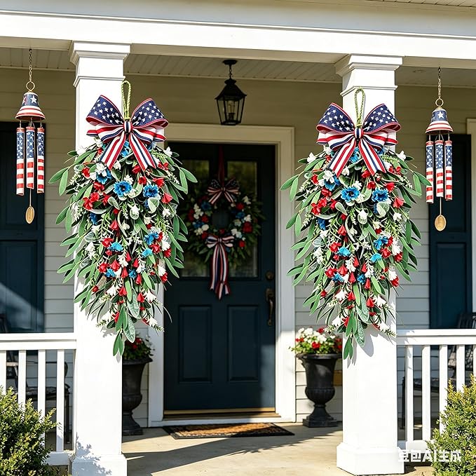 2 Pack 21'' 4th of July Swag Wreaths for Cabinets Independence Day Floral Teardrop Wreath with Artificial Flower and Eucalyptus Leaves Wreath Hanger for Farmhouse Front Door Porch Window Wall