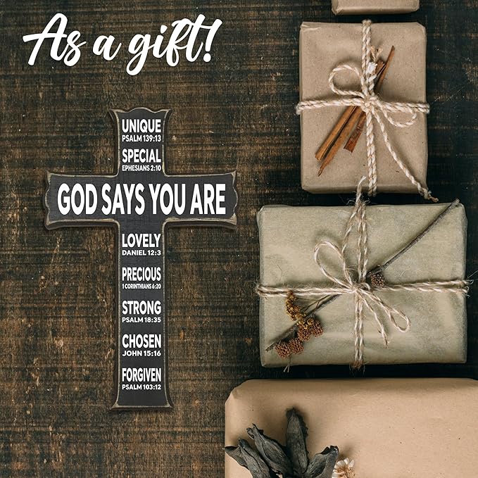 VZVCTFS God Says You Are Wooden Cross - 6.5x10 Inch Inspirational Bible Verse Wall Decor for Home Office Kitchen, Christian Scripture Hanging Gift for Easter Christmas（Black）- A06