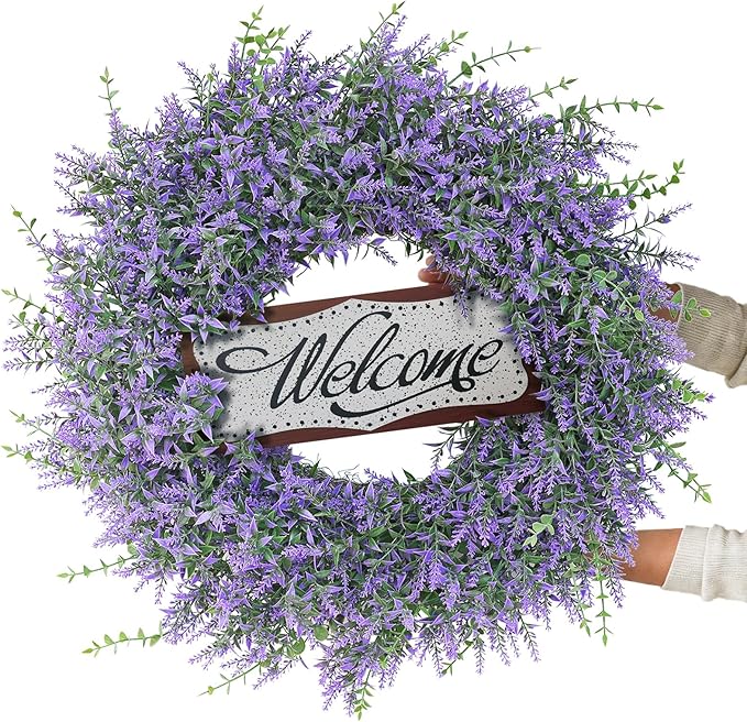 26" Artificial Lavender & Eucalyptus Wreath with Welcome Sign for Front Door, Porch, Window - Large Greenery Outdoor Wreath for Home, Farmhouse Decor - Spring, Summer, All Seasons (Purple)
