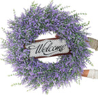 26" Artificial Lavender & Eucalyptus Wreath with Welcome Sign for Front Door, Porch, Window - Large Greenery Outdoor Wreath for Home, Farmhouse Decor - Spring, Summer, All Seasons (Purple)