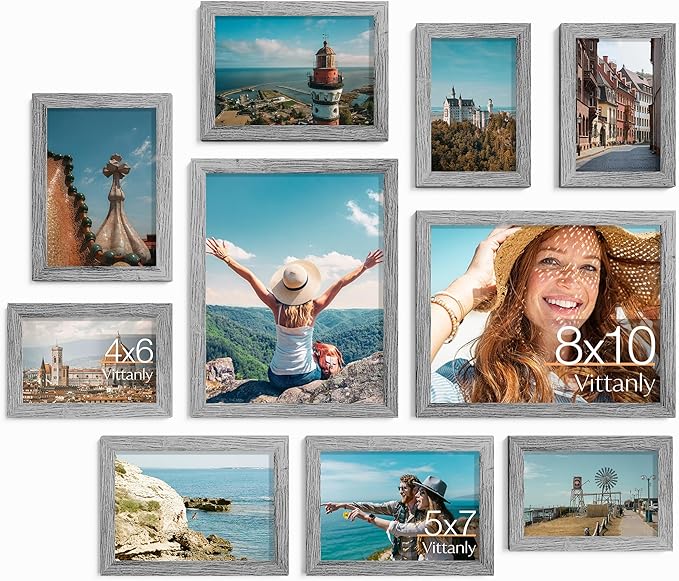 Vittanly 10 Pack Picture Frames Collage Wall Decor, Gallery Wall Frame Set for Wall or Tabletop Display, Engineered Wood and Shatter-resistant Plexiglass, Multi Sizes with 8x10, 5x7, 4x6 Frames, Grey