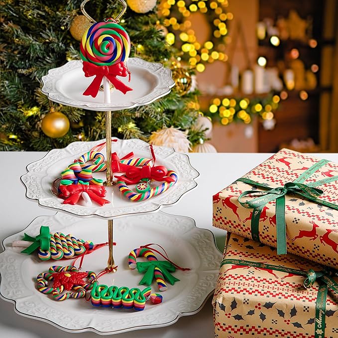 Codree 8 Pcs Rainbow Candy Cane Lollipop Ornaments - Hanging Polymer Clay Decorations for Christmas Tree, Xmas Party