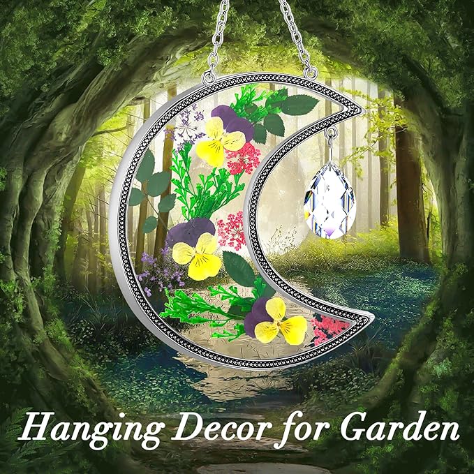 KY&BOSAM Moon Suncatcher Gifts for Mom Family Friends Stained Glass Suncatchers for Windows Hangings Wind Chimes with Real Flower Colorful Crystal Outdoor for Garden Indoor Home Christmas Trees Decor