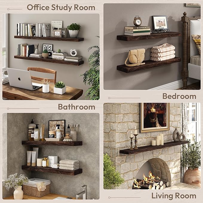 Marsmiles 40 inch Floating Shelves for Wall Solid Elm Wood Wall Mounted Shelves|Rustic Long Floating Shelves with Invisible Bracket for Bathroom Kitchen|Rounded Edge|Walnut, 1 Pack