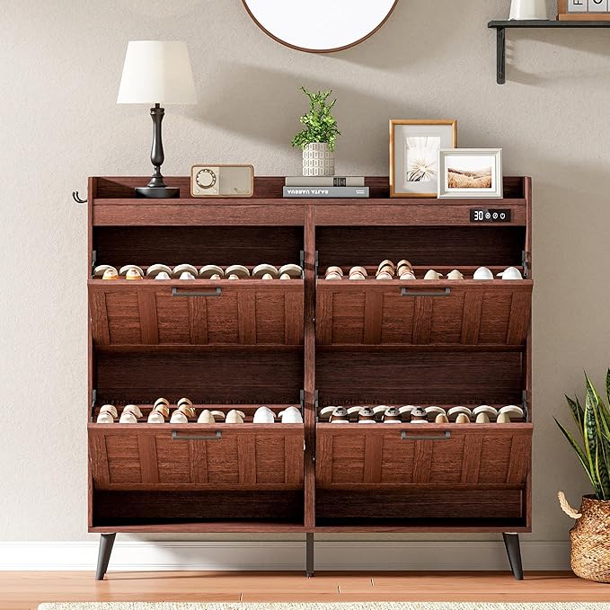 ChooChoo Shoe Storage Cabinet with 4 Flip Drawers, Deodorizing Shoe Organizer Storage for Entryway, Freestanding Hidden Slim Narrow Shoe Rack Cabinet, Walnut