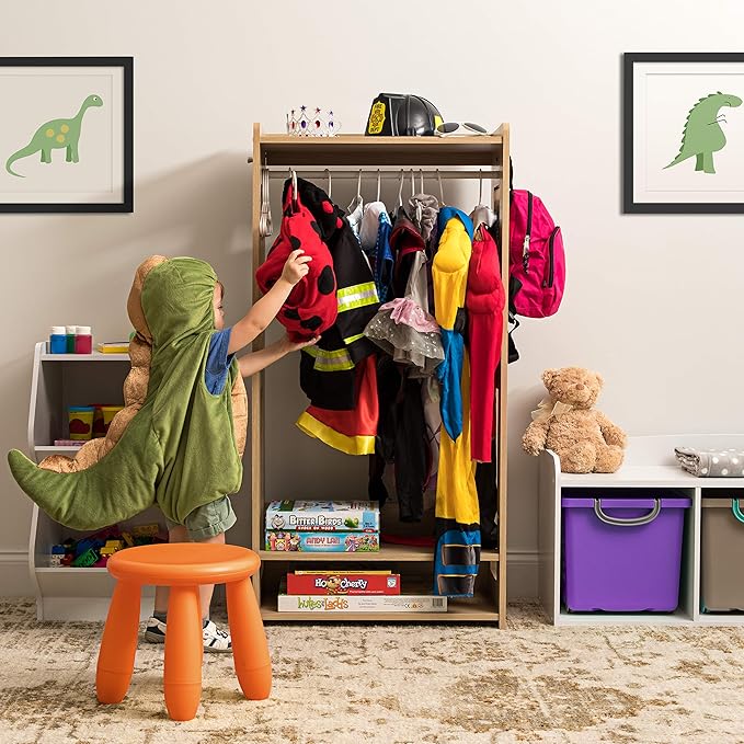 IRIS USA Small Open Wood Clothing Rack for Small Spaces, Clothes Rack with Shelves, Garment rack with Side Hook, Light Brown