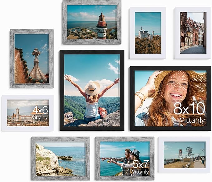 Vittanly Picture Frames Set of 10, Picture Frames Collage Wall Decor with Two 8x10, Four 5x7, and Four 4x6 Photo Frames, Gallery Wall Frame Set for Wall or Tabletop Display, Black, Grey and White