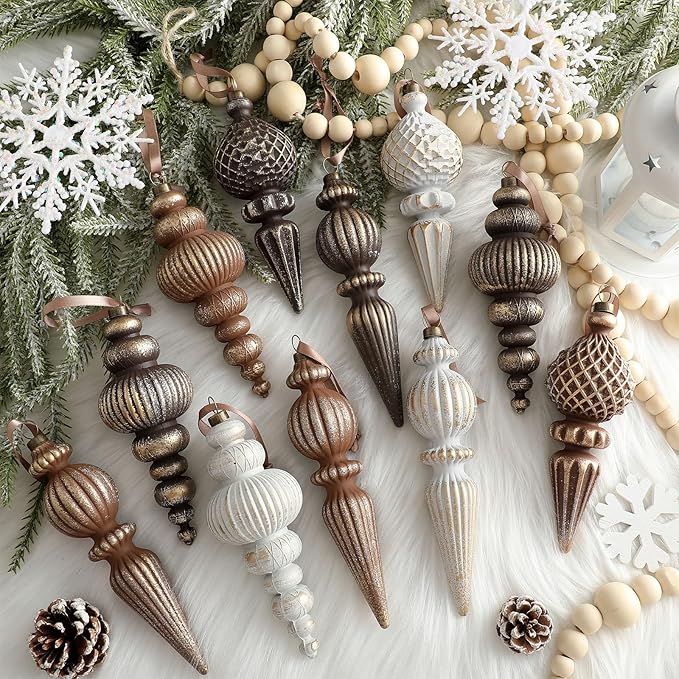 Yunlly 18 Pcs Neutral Christmas Ornaments Textured Christmas Tree Decor with Hanging Loop Modern Brown Hanging Ornaments Finial Shatterproof Decor for Xmas Tree Vintage Rustic Ivory Farmhouse