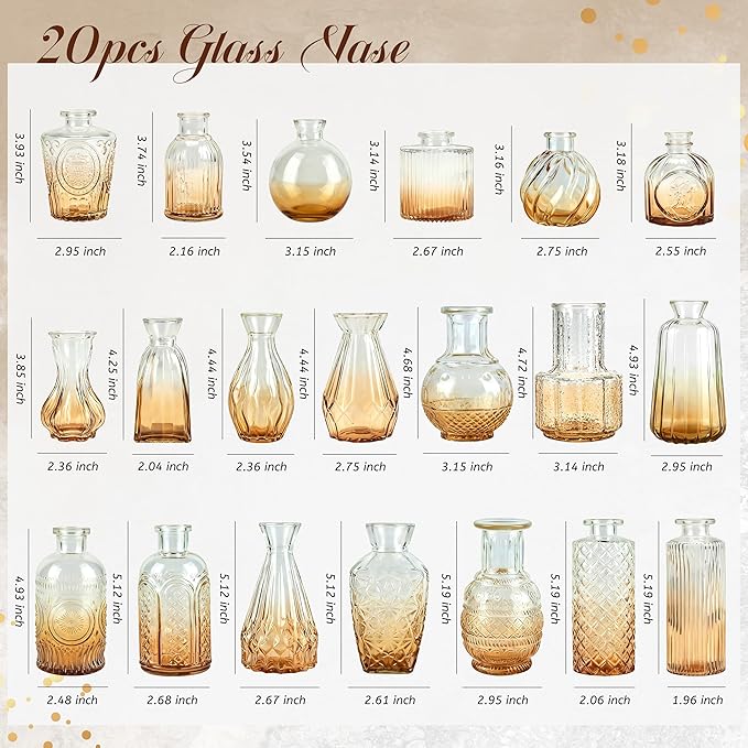 Der Rose Amber Glass Bud Vases Set of 20, Small Bud Vases for Flowers, Rustic Wedding Centerpieces and Home Decor