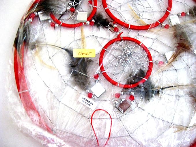 OMA Red Dream Catcher, 3D Design with Mosaic Glass and Feathers, Boho Home Decor Bedroom Decoration Gift Large Size - 30" Long x 9" Diameter