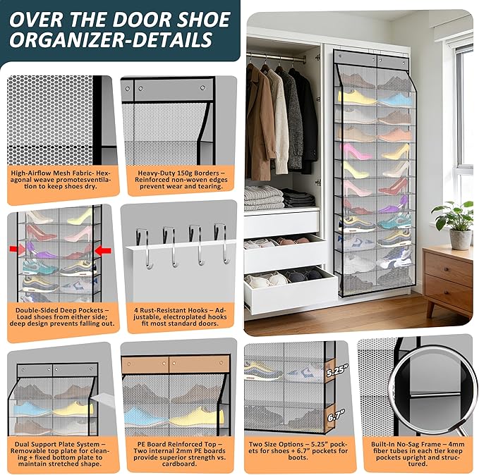 24-Pair Over Door Shoe Organizer for Family & Kids, Double Sided | Hanging Storage for Sneakers, Boots, Toys & Room Organization-Graphite Gray