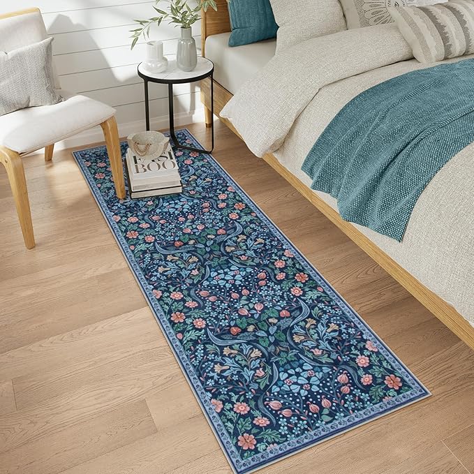Moynesa Floral Kitchen Runner Rug 2x6, Washable Boho Runners for Hallways Non Slip Soft Bathroom Carpet Runner, Botanical Ultra Thin Throw Mat for Laundry Room Entryway, Blue