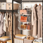 X-cosrack 3 Tier Foldable Closet Organizer, Clothes Shelves with 5 S Hooks, Wall Mount&Cabinet Wire Storage Basket Bins, for Clothing Sweaters Shoes Handbags Clutches Accessories-White Patent Design