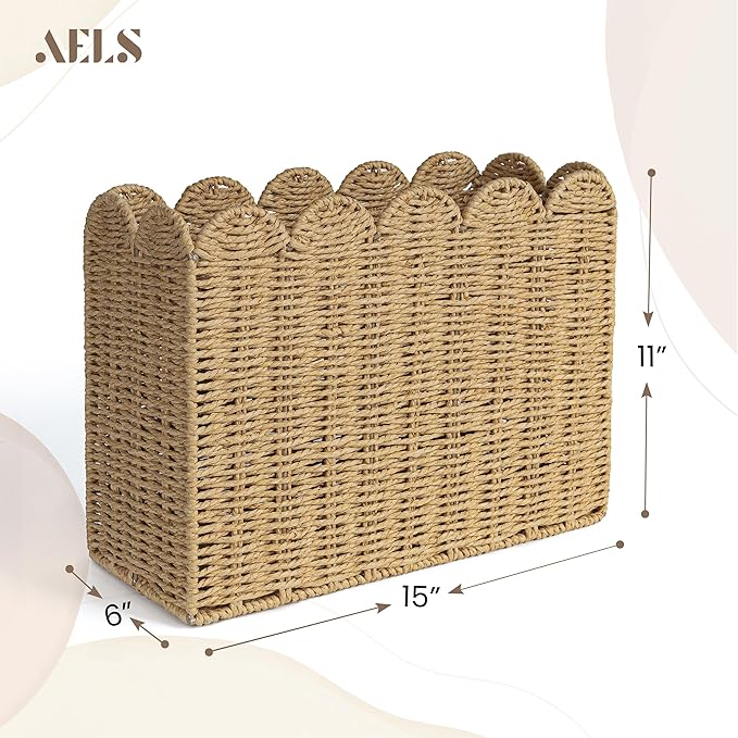 AELS Woven Natural Fibre Magazine Holder, Scalloped Edge Floor Magazine Rack, Hand-woven Organizer, Boho Modern Farmhouse Book Basket, File Newspaper Mail Holder for Office