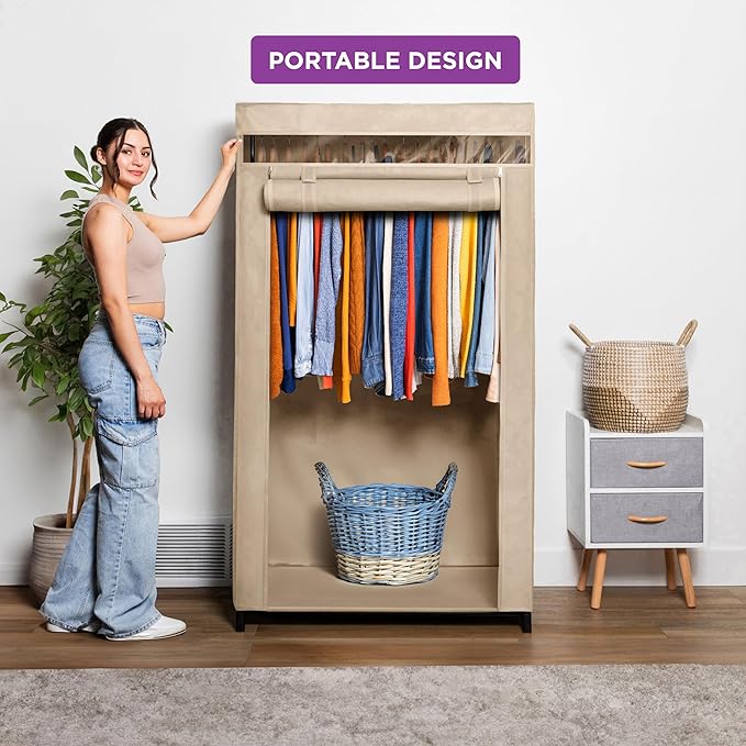 HOLDN’ STORAGE Portable Wardrobe Closet - 50 lb Capacity, Internal Heavy Duty Metal Rod, Zipper & Clear Window, Durable Clothes Organizer, Tool-Free Easy Assembly, Beige Canvas Cover