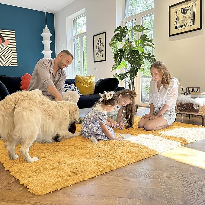 OLANLY 2x3 Machine Washable Small Bedside Rug, Soft Fluffy Shaggy Entryway Throw Rugs for Bedroom, Living Room, Indoor Floor Carpet for Kids Girls and Boys, Home Decor Aesthetic, Mustard Yellow