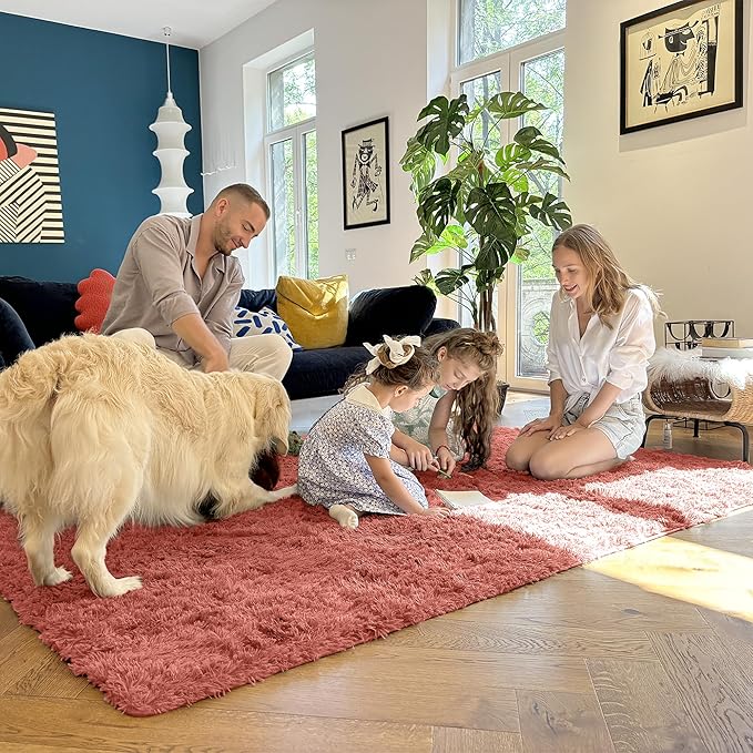 OLANLY 2x4 Machine Washable Runner Rugs for Hallway, Soft Fluffy Shaggy Bedside Rugs for Bedroom, Living Room, Indoor Floor Carpet for Kids Girls and Boys, Home Decor Aesthetic, Rust Red