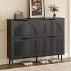 Shoe Cabinet for Entryway with 4 Flip Drawers, Slim Wooden Shoe Storage Organizer with Modern Fluted Pannel，Freestanding Narrow Hidden Shoe Rack for Hallway, Foyer, Living Room