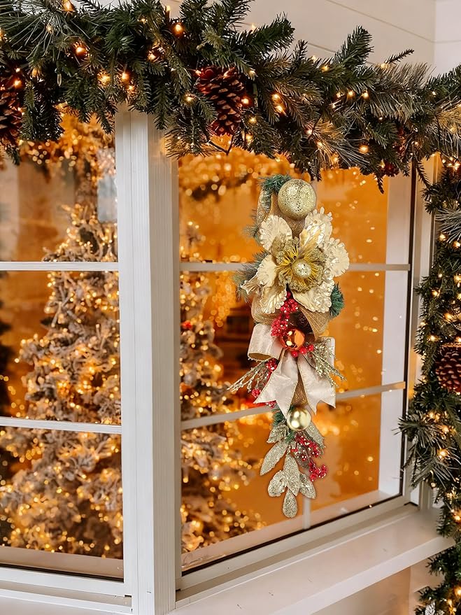 Gold Christmas Swag with Glitter Flowers, Ornaments, Pinecones and Ribbon Bow – 25.6" Teardrop Swag Christmas Front Door Decor Artificial Wall Door Hanging Holiday Decoration