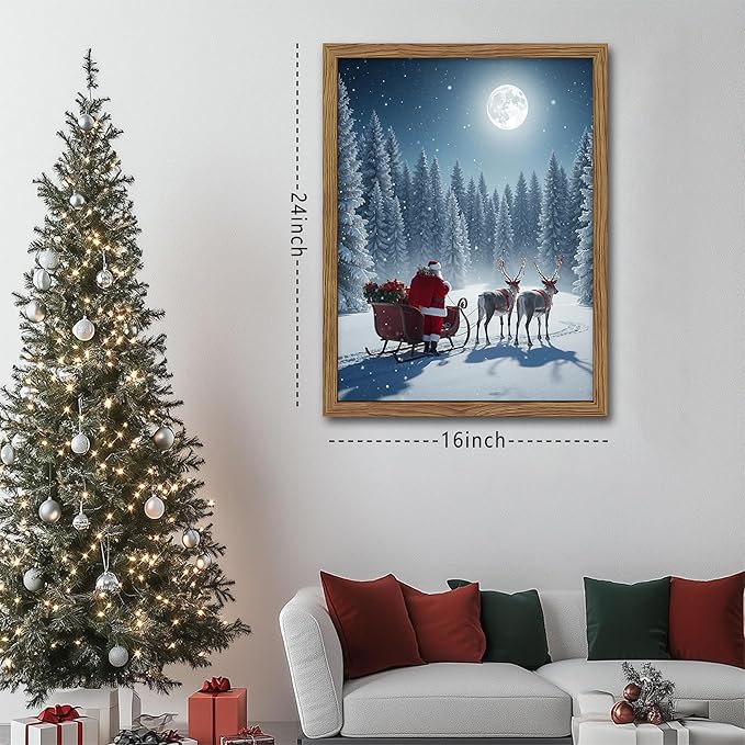 Framed Christmas Wall Decor, Santa Claus Delivering Christmas Gifts Canvas Prints Winter Holidays Pine Trees Wall Art Night Sky Reindeer Snow Scene Artwork for Living Room – 16x24in