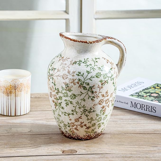 Enra Vintage vase,Ceramic Chinoiserie Floral Vase,Green and Beige Decorative Flower vase,Large Rustic Vases for Home Decors, Living Room, Bookshelf, Office，9.7 inch