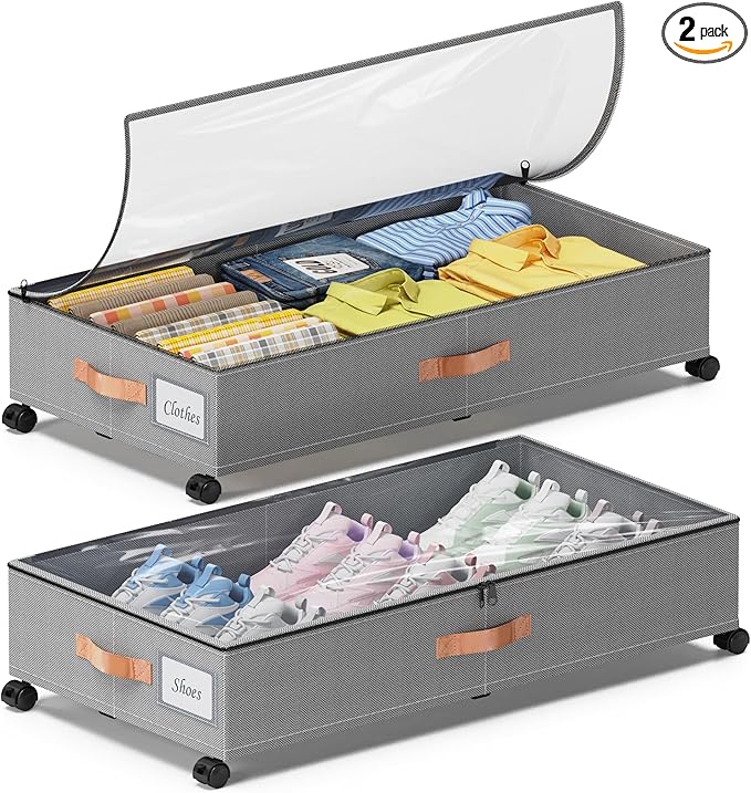 Under Bed Storage with Wheels, 2-Pack Under Bed Storage Containers with Clear Lids, XXL 65L Under the bed storage Organizer Bins, Rolling Under Bed Metal Drawer for Clothes,Shoes,Toys (Gray, 2-Pack)