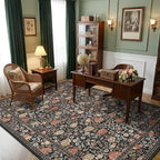 GarveeHome Brown Vintage Floral Washable 6x9 Area Rugs for Living Room Black Boho Botanical Retro Rug Low Pile Non Slip Carpet for Bedroom Nursery Dining Room