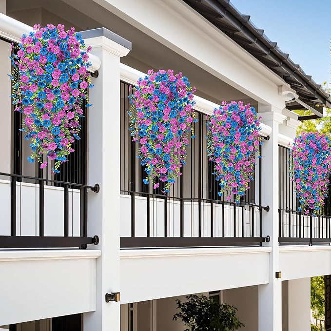 Artificial Flowers for Outdoors Home Decor, 2 Packs Faux Daisy Silk Flower Realistic Fake Plants for Front Porch Courtyard Outside Hanging Floral Spring Summer Fake Planter Decoration (Purple Blue)