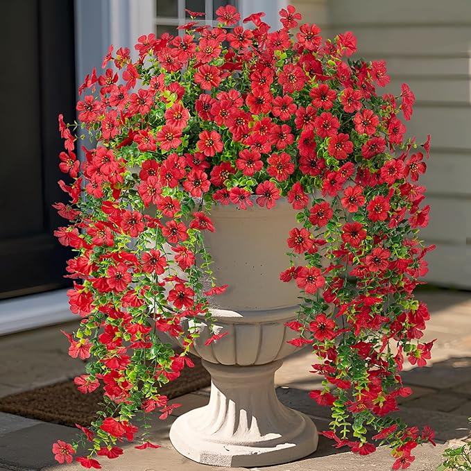 Artificial Hanging Flowers for Outdoors Fake Plants Decoration, 2 Pcs Faux Silk Daisy Flower Realistic Outdoor Flowers UV Resistant Porch Patio Window Yard Indoor Spring Decor(Red)