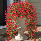Artificial Hanging Flowers for Outdoors Fake Plants Decoration, 2 Pcs Faux Silk Daisy Flower Realistic Outdoor Flowers UV Resistant Porch Patio Window Yard Indoor Spring Decor(Red)