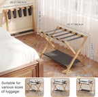 2 Pack Bamboo Luggage Rack for Guest Room, 26.77" Folding Wide Suitcase Stand with Fabric Storage Shelf, Thickened Luggage Stand Holder for Bedroom Hotel, Luggage Rack for Suitcases (2 Pack - Tea brown)