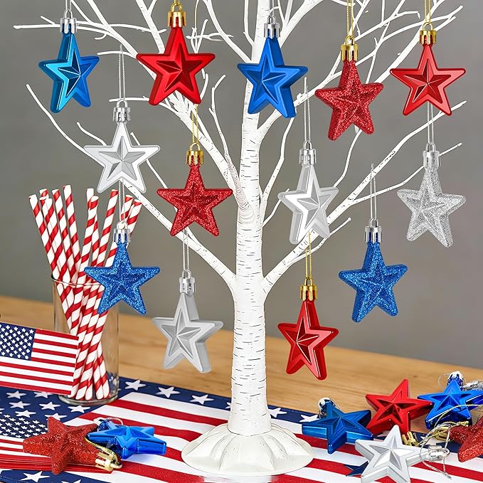 24PCS 4th of July Decorations for Tree, Patriotic Star Shaped Ornaments, Pre-Assembled Red Silver and Blue Star Ornaments, 250 Anniversary USA Merchandise for Memorial Day Fourth of July Party Decor