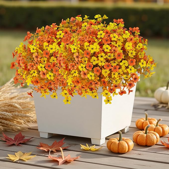 Artificial Fall Flowers for Outdoor Decoration,16 Bundles Faux Silk Colorful Flowers for Outside,UV Resistant Fake Flowers Plants for Front Door Patio Porch Yard Balcony Autumn Decor(F Orange Yellow)