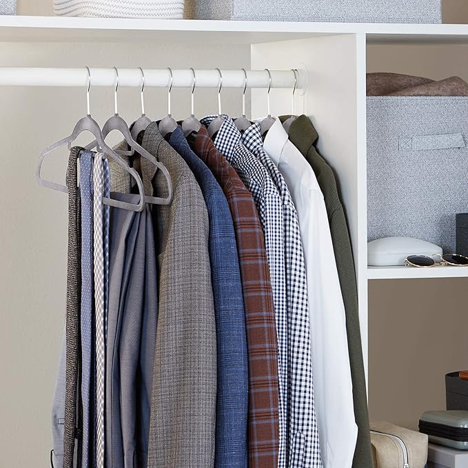 Amazon Basics Space Saving Heavy Duty Non-Slip Velvet Suit Hangers with Horizontal Tie Bar, Sturdy for Clothes Organization and Storage, Dark Gray, 50-Pack