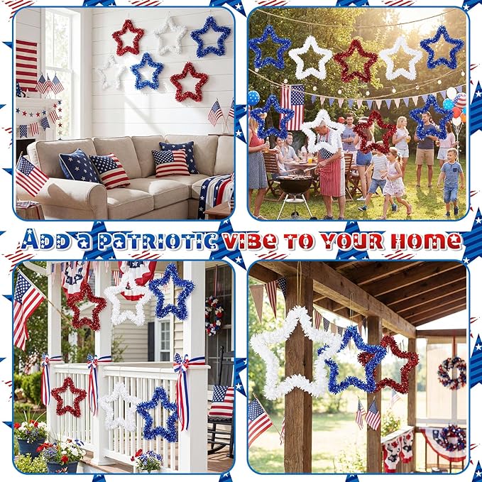 Chuangdi 6 Pcs 4th of July Wreath 250th Anniversary Decoration for Front Door, 11.8 Inch Patriotic Red White Blue Star for Independence Day Wall Window Home Hanging Veterans Memorial Day Party Supply