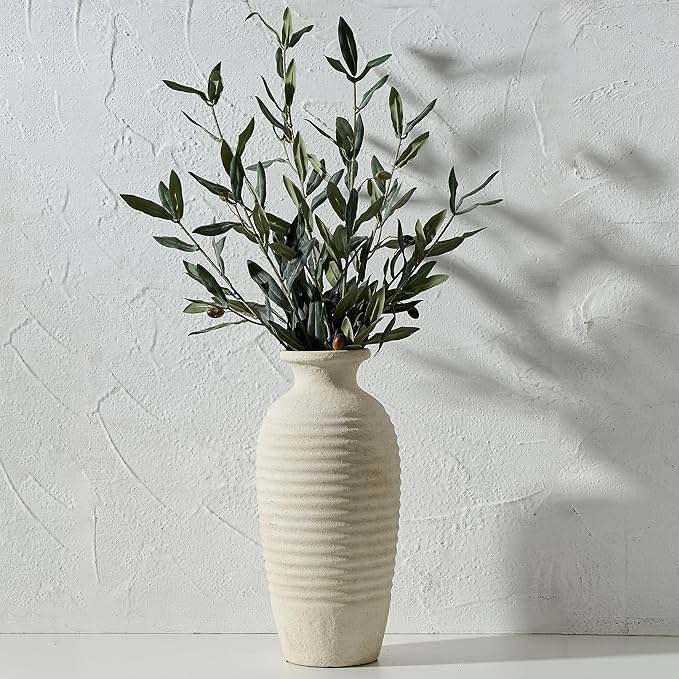 Ceramic Natural Rustic Vase, 14.4 Inch Large Vintage Flower Threaded Decorative Farmhouse Tall Vase for Home Decor, Living Room, Shelf Decor, Wedding, Housewarming Gift, Off-White