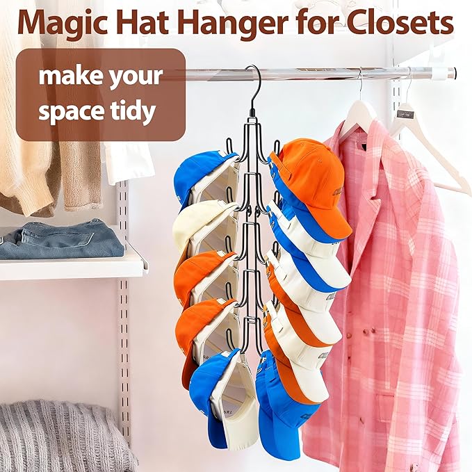 Hat Hangers for Closet, Hanging Hat Organizer with 10-Hook, Stainless Steel Hat Rack, Space Saving Cap Holder, Collapsible Hat Storage for Baseball Caps