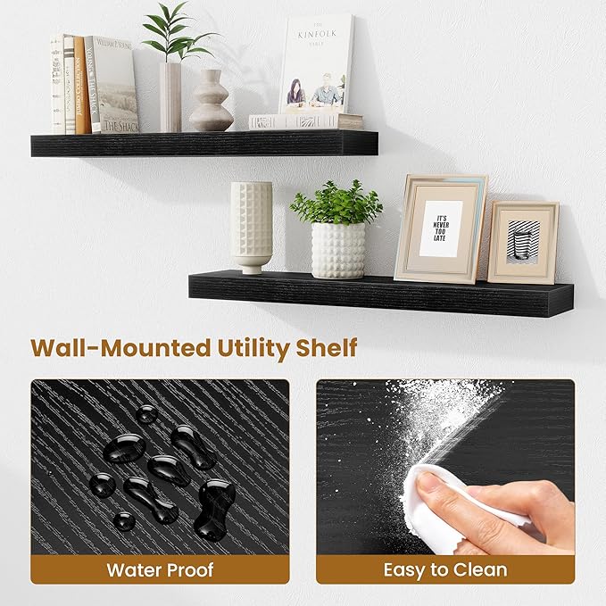 Fun Memories Floating Shelves 30 Inch, Wall Mounted Wood Shelf Set of 2, Farmhouse Decor for Bathroom, Bedroom, Kitchen, Living Room, Black