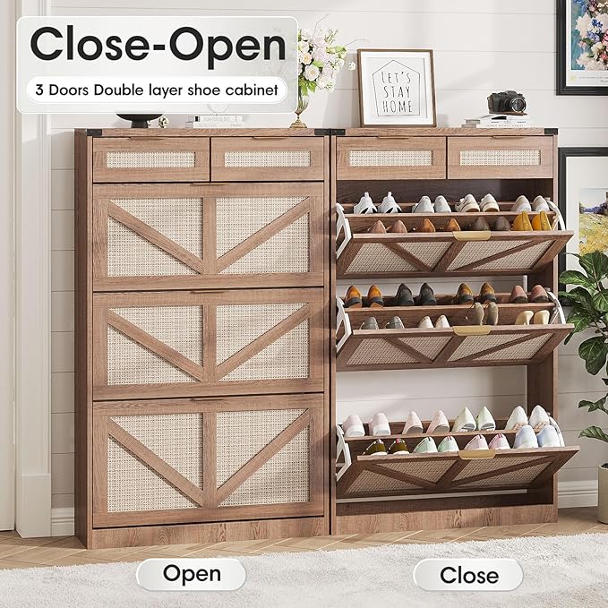 Shoe Cabinet with 3 Flip Drawers & 2 Drawers,Freestanding Shoe Storage Cabinet for Entryway,Farmhouse Narrow Slim Organizer Rack for Foyer,Hallway,Rustic Oak Rattan
