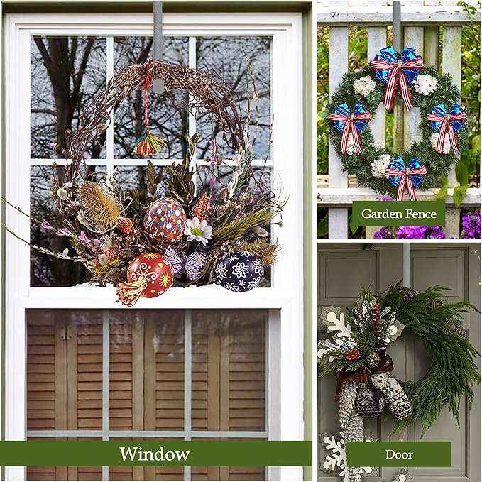 2 Pack Wreath Hangers for Front Door,12 Inch Wreath Hanger Hook for Front Porch Decor,Metal Over The Door Hooks Hanger for Halloween Fall Christmas Decorations Outdoor Indoor Home Decor,Silver