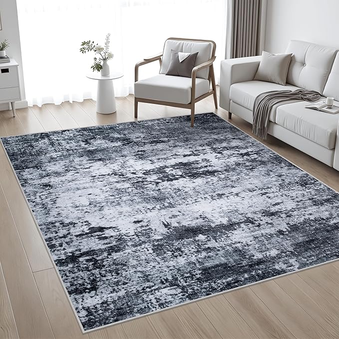 8x8 Area Rug Living Room Rug: Washable Modern Abstract Soft Thin Rug Indoor Floor No Slip Stain Resistant Carpet for Bedroom Dining Room Farmhouse Nursery Home Office - Black