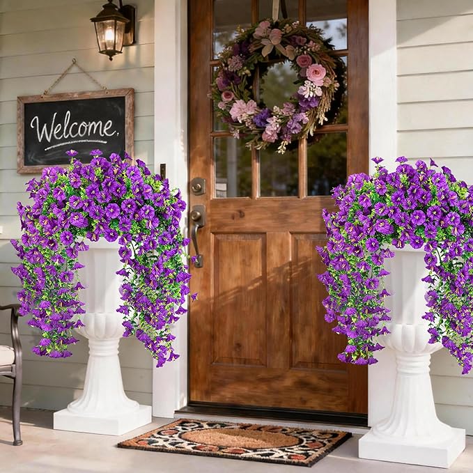 Artificial Hanging Flowers for Outdoors, 4 PCS UV Resistant Faux Plants Silk Realistic 150 Morning Glory Each Vines, Fake Plastic Floral for Garden Patio Spring Summer Decor, Purple