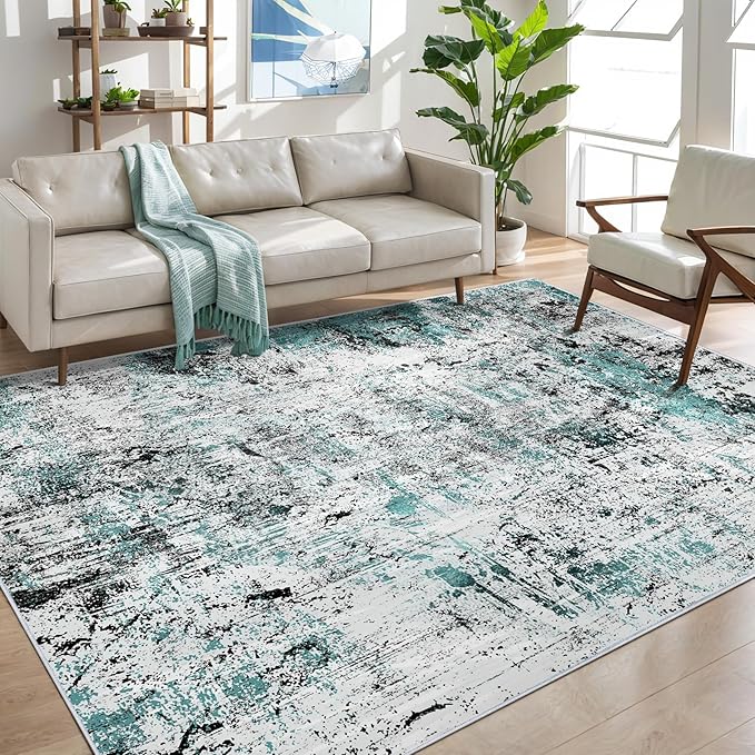 Ciicool Modern Abstract Rug for Living Room, 5'x7' Machine Washable Area Rug Teal Black Non-Slip Accent Rug, Low-Pile Contemporary Indoor Dining Floor Carpet for Bedroom Office Under Table Home Decor