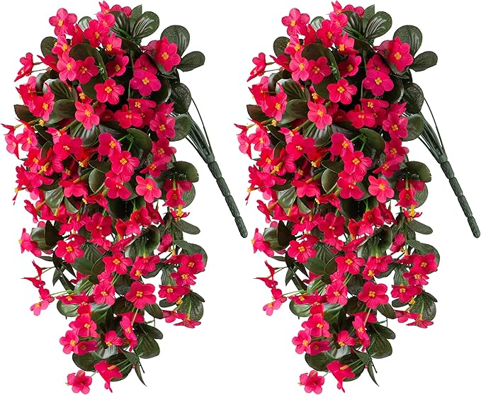 HyeFlora Artificial Fake Hanging Flowers for Spring Outdoor Outside Decoration, 2PCS Faux Silk Hotpink Daisy Plants UV Resistant Look Real Orchid Vines for Indoor Home Balcony Porch Planter