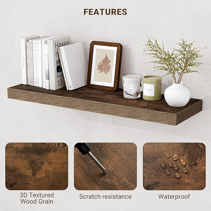 Acovy 55 Inch Floating Shelves, 55"x9.25"x1.5" Inch Deep Floating Shelves for Wall, Wooden Shelves for Bathroom, Bedroom, Living Room, Brown, 1 Piece