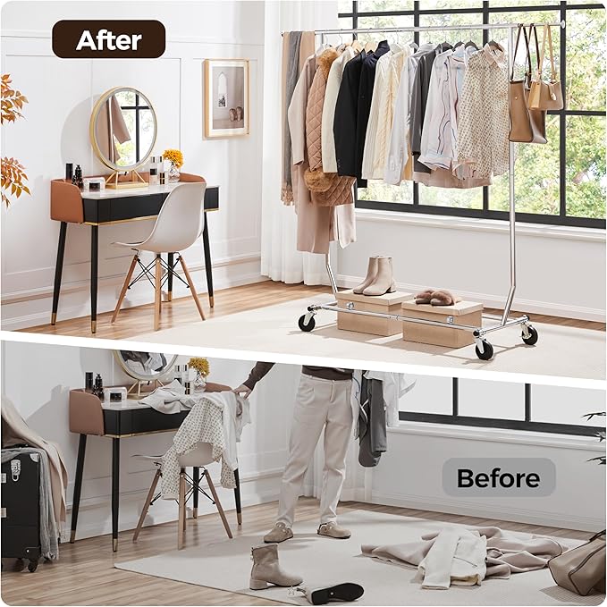 Yaheetech Rolling Clothes Rack, Clothing Racks for Hanging Clothes Portable Clothes Rack, Heavy Duty Clothes Rack with Extendable Hanging Rod,Chromed, Silver